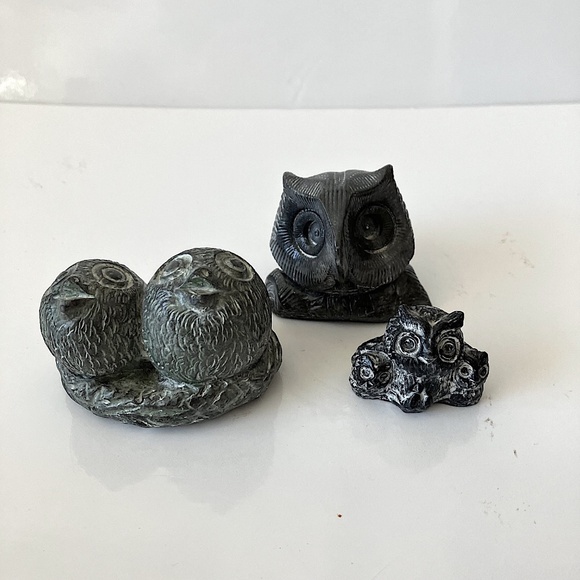 Lot of 3 Owls Hand Carved Soapstone Figurines Made in Canada 1980s-1990s - Picture 2 of 9